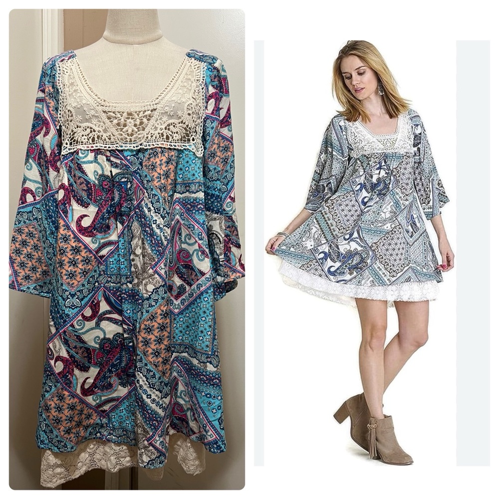 Umgee Floral Lace Boho Mini Dress Women’s Size Medium 3/4 Sleeves